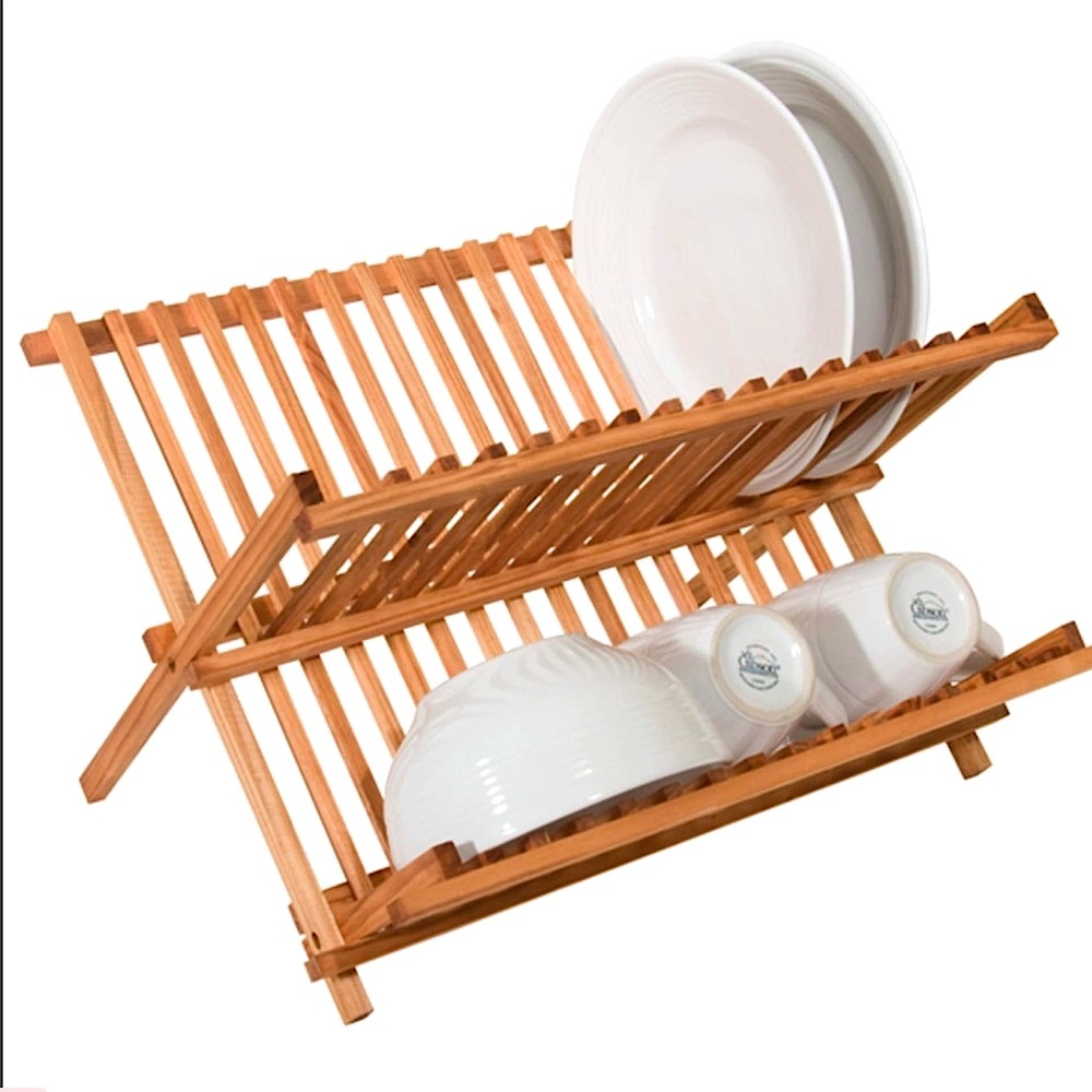 Dish Drying Rack 2-Tier Collapsible Kitchen Storage Pine Wood - Picture 1 of 5